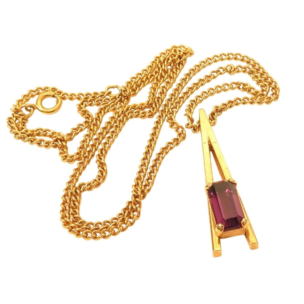 Vintage Gold Plated V-Shape‎ Purple Emerald Cut Rhinestone Pendant Necklace*AVON